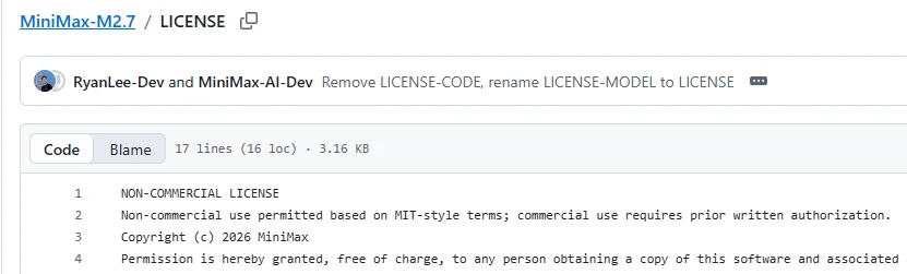 MiniMax M2.7 license screenshot