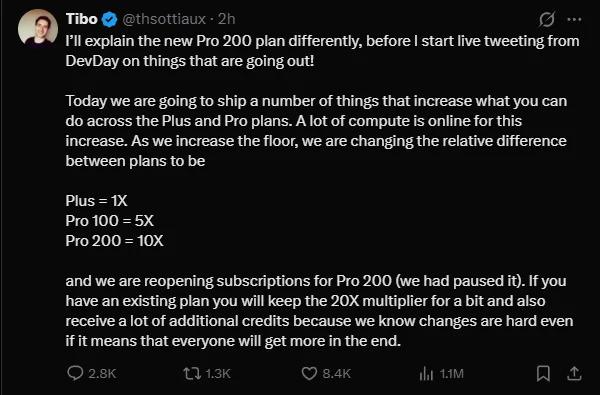Tibo publishing the new subscription multipliers: Plus 1X, Pro $100 5X, Pro $200 10X