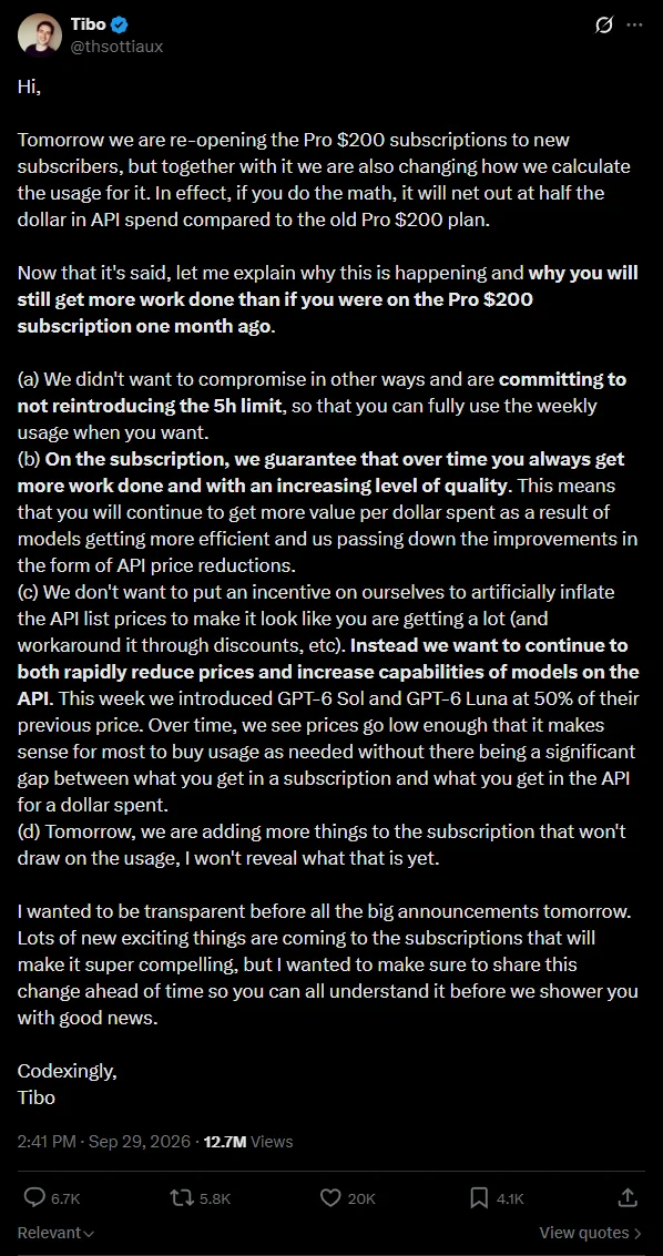 Tibo announcing on X that Pro $200 reopens and API-equivalent usage is halved
